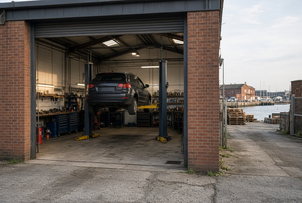 Car raised on a lift inside a brick workshop bay